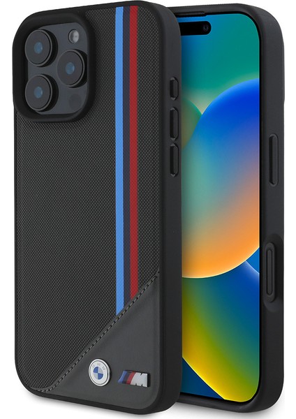 Apple iPhone 16 Kılıf Bmw Lisanslı Magsafe Özellikli M Logolu Üç Çizgili Meshed Tricolor Stripes Siyah