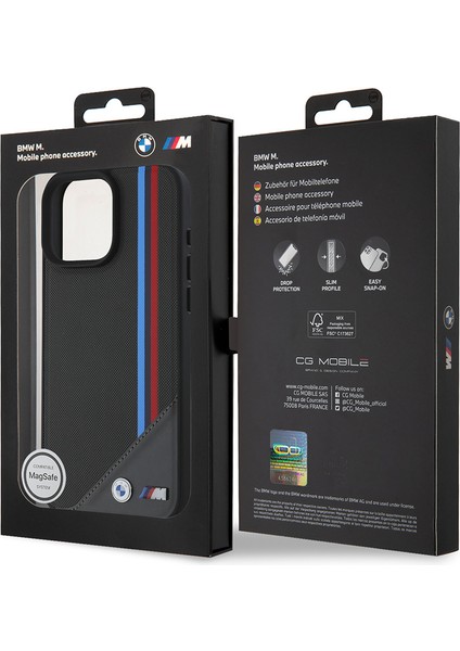 Apple iPhone 16 Kılıf Bmw Lisanslı Magsafe Özellikli M Logolu Üç Çizgili Meshed Tricolor Stripes Siyah indirimleri