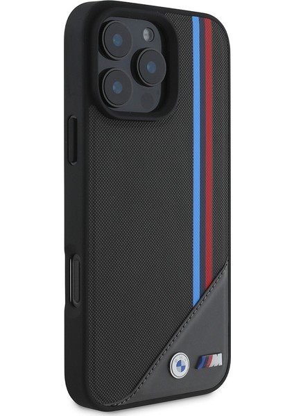 Apple iPhone 16 Plus Kılıf Bmw Lisanslı Magsafe Özellik M Logolu Üç Çizgili Meshed Tricolor Stripes Siyah modelleri