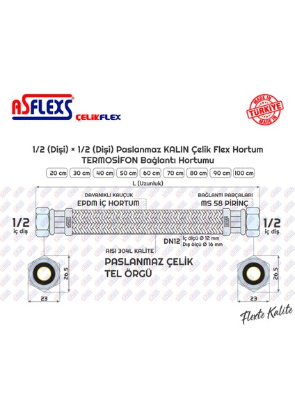 (DN12 Kalın) 1/2 (Dişi) × 1/2 (Dişi) Paslanmaz Çelik Kalın Flex Hortum Termosifon Bağlantı Hortumu