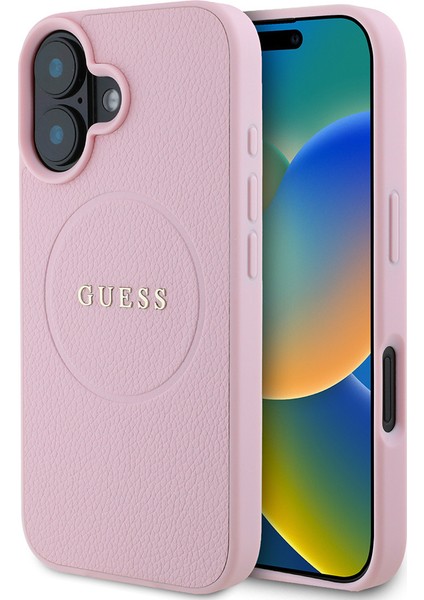Apple iPhone 16 Uyumlu Kılıf Guess Orjinal Lisanslı Magsafe Şarj Özellikli Yazı Logolu Grained Kapak Pembe