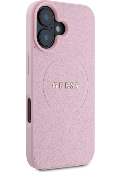 Apple iPhone 16 Uyumlu Kılıf Guess Orjinal Lisanslı Magsafe Şarj Özellikli Yazı Logolu Grained Kapak Pembe modelleri