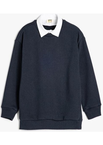 Erkek Çocuk Okul Sweatshirt Basic Okul Gömleği Yaka Detaylı Uzun Kollu Pamuklu