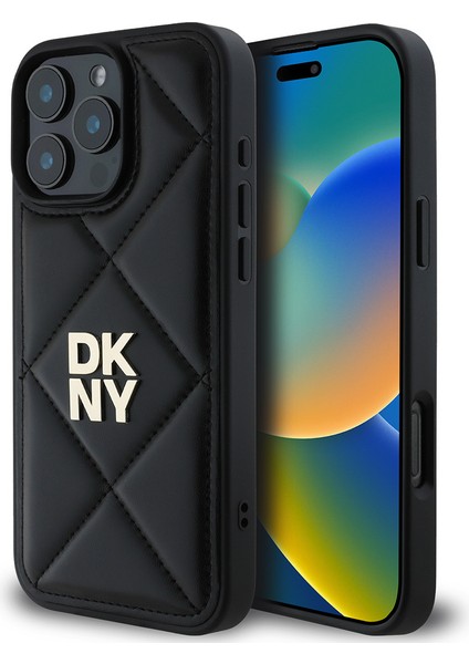 Apple iPhone 16 Pro Max Uyumlu Kılıf Dkny Orjinal Lisanslı Kapitone Tasarımlı Metal Logolu Deri Siyah