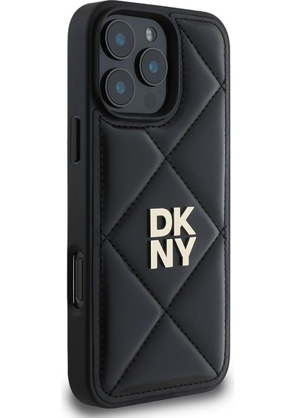 Apple iPhone 16 Pro Max Uyumlu Kılıf Dkny Orjinal Lisanslı Kapitone Tasarımlı Metal Logolu Deri Siyah