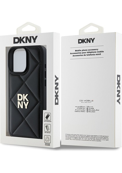 Apple iPhone 16 Pro Max Uyumlu Kılıf Dkny Orjinal Lisanslı Kapitone Tasarımlı Metal Logolu Deri Siyah