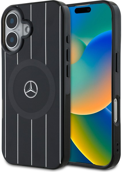 Apple iPhone 16 Plus Kılıf Mercedes-Benz Lisanslı Magsafe Özellik Çift Katman Paralel Çizgi Desenli Siyah