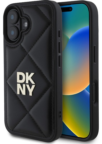 Apple iPhone 16 Uyumlu Kılıf Dkny Orjinal Lisanslı Kapitone Tasarımlı Metal Logolu Deri Kapak Siyah