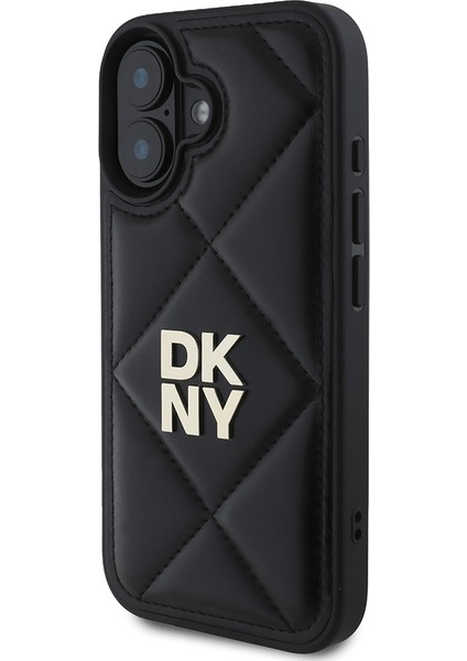 Apple iPhone 16 Uyumlu Kılıf Dkny Orjinal Lisanslı Kapitone Tasarımlı Metal Logolu Deri Kapak Siyah