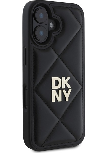 Apple iPhone 16 Uyumlu Kılıf Dkny Orjinal Lisanslı Kapitone Tasarımlı Metal Logolu Deri Kapak Siyah