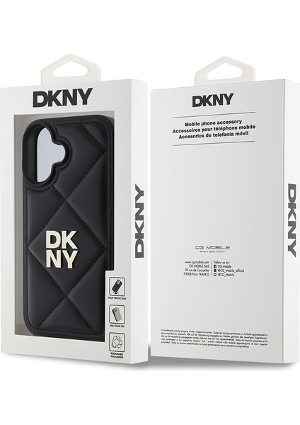 Apple iPhone 16 Uyumlu Kılıf Dkny Orjinal Lisanslı Kapitone Tasarımlı Metal Logolu Deri Kapak Siyah