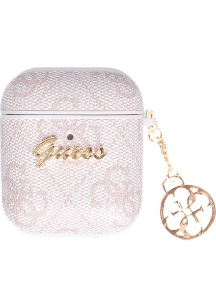 Airpods Kılıf 4g Desenli Metal Script Logolu 4g Charm Sağdan Askılı Pu Deri Pembe
