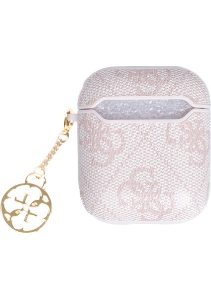 Airpods Kılıf 4g Desenli Metal Script Logolu 4g Charm Sağdan Askılı Pu Deri Pembe