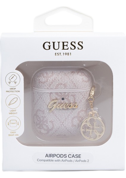 Airpods Kılıf 4g Desenli Metal Script Logolu 4g Charm Sağdan Askılı Pu Deri Pembe
