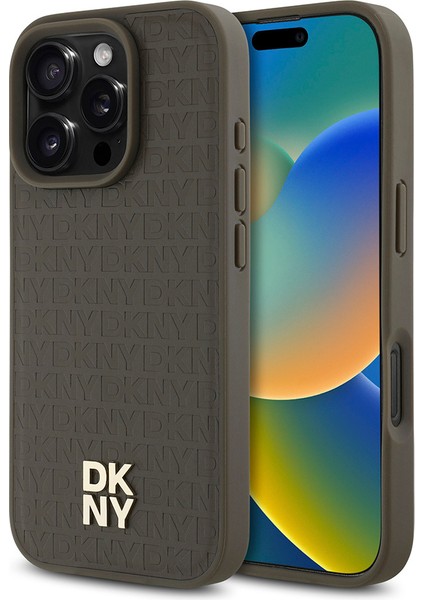 Apple iPhone 16 Pro Kılıf Dkny Orjinal Lisanslı Magsafe Şarj Özellikli 3D Yazılı Repeat Pattern Kahverengi