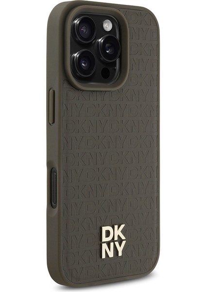 Apple iPhone 16 Pro Kılıf Dkny Orjinal Lisanslı Magsafe Şarj Özellikli 3D Yazılı Repeat Pattern Kahverengi modelleri
