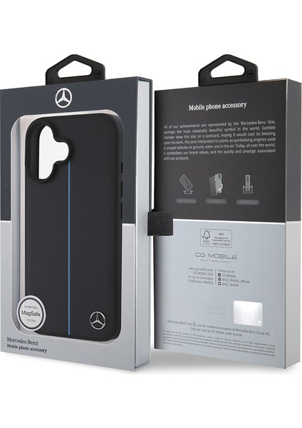 Apple iPhone 16 Kılıf Mercedes-Benz Lisanslı Magsafe Özellikli Metal Yıldız Logolu Mavi Çizgili Deri Siyah indirimleri