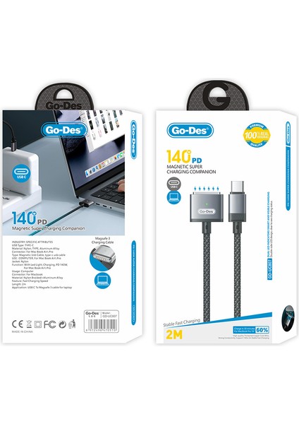 Macbook Type-C Magsafe 3 Şarj Kablosu GD-UC807 140W 2 Metre Gri