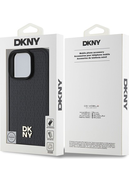 Apple iPhone 16 Pro Kılıf Dkny Orjinal Lisanslı Magsafe Şarj Özellikli 3D Yazılı Repeat Pattern Siyah