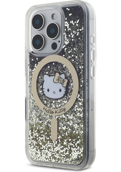 Apple iPhone 16 Pro Kılıf Hello Kitty Lisanslı Magsafe Özellikli Iml Baskı Kitty Head Logolu Sıvılı Simli