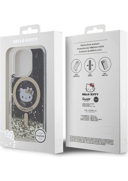 Apple iPhone 16 Pro Kılıf Hello Kitty Lisanslı Magsafe Özellikli Iml Baskı Kitty Head Logolu Sıvılı Simli