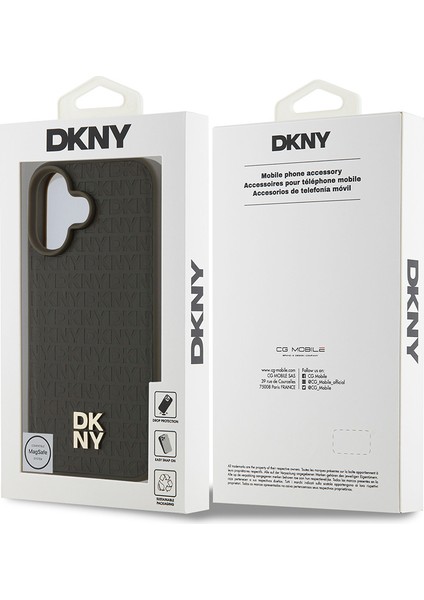 Apple iPhone 16 Plus Kılıf Dkny Orjinal Lisanslı Magsafe Özellikli 3D Yazılı Repeat Pattern Kahverengi