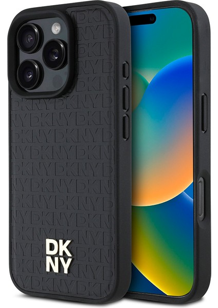 Apple iPhone 16 Pro Max Kılıf Dkny Orjinal Lisanslı Magsafe Şarj Özellikli 3D Yazılı Repeat Pattern Siyah
