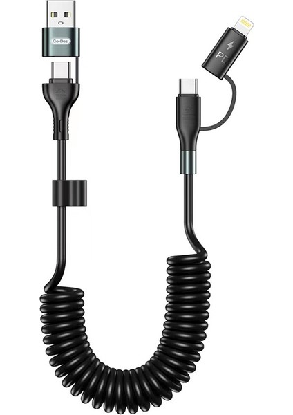 Go Des GD-UC805 4in1 Type-C+Usb-A To Type-C+Lightning Sarmal Pd Şarj ve Data Kablosu 60W 1.8m Siyah