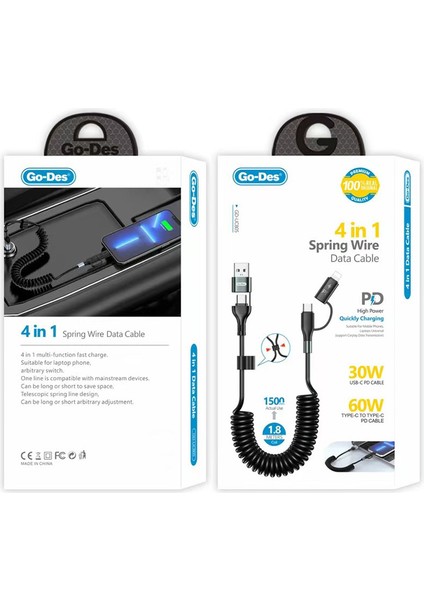 Go Des GD-UC805 4in1 Type-C+Usb-A To Type-C+Lightning Sarmal Pd Şarj ve Data Kablosu 60W 1.8m Siyah