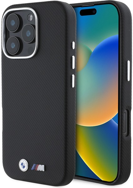 Apple iPhone 16 Pro Kılıf Bmw Orjinal Lisanslı Tam Sarılmış Kevlar Tasarımlı Metal Logo Suni Deri Siyah