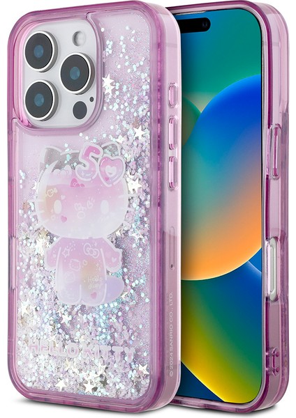 Apple iPhone 16 Pro Uyumlu Kılıf Hello Kitty Orjinal Lisanslı Sıvılı Simli 50. Yıldönümü Partisi Kapak Mor