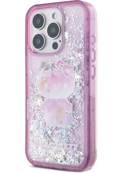 Apple iPhone 16 Pro Uyumlu Kılıf Hello Kitty Orjinal Lisanslı Sıvılı Simli 50. Yıldönümü Partisi Kapak Mor