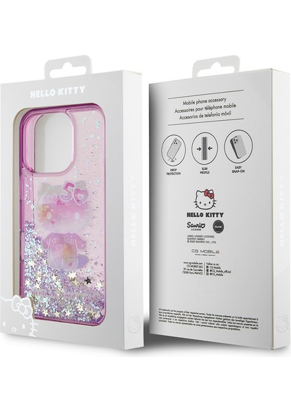 Apple iPhone 16 Pro Uyumlu Kılıf Hello Kitty Orjinal Lisanslı Sıvılı Simli 50. Yıldönümü Partisi Kapak Mor
