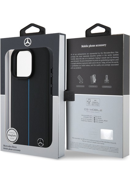 Apple iPhone 16 Pro Kılıf Mercedes-Benz Lisanslı Magsafe Özellik Metal Yıldız Logo Mavi Çizgili Deri Siyah indirimleri