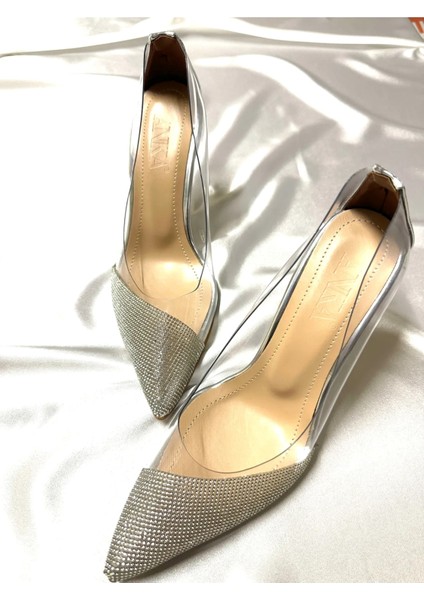 Lady Şeffaf Gümüş Kristal Taşlı 8 cm Şeffaf Kadeh Topuklu Düğün Nişan Abiye Ayakkabı