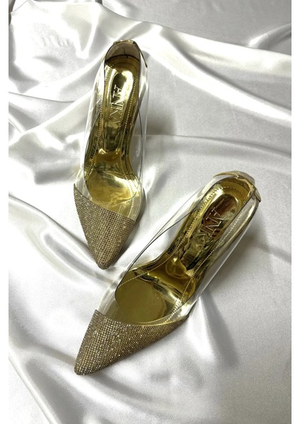 Lady Şeffaf Altın Gold Kristal Taşlı 8 cm Şeffaf Kadeh Topuklu Düğün Nişan Abiye Ayakkabı