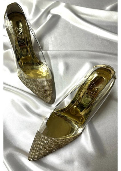 Lady Şeffaf Altın Gold Kristal Taşlı 8 cm Şeffaf Kadeh Topuklu Düğün Nişan Abiye Ayakkabı