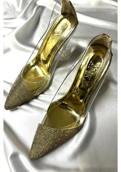 Lady Şeffaf Altın Gold Kristal Taşlı 8 cm Şeffaf Kadeh Topuklu Düğün Nişan Abiye Ayakkabı