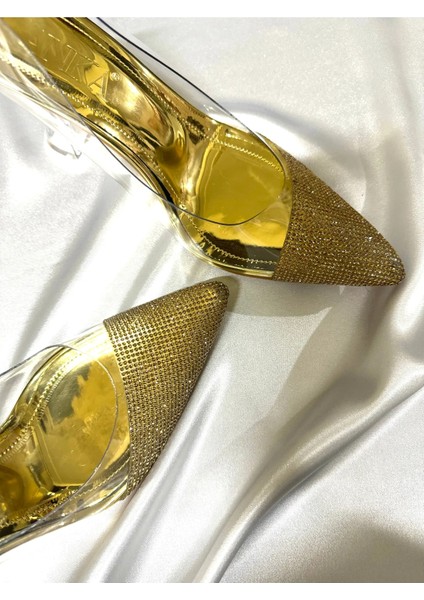 Lady Şeffaf Altın Gold Kristal Taşlı 8 cm Şeffaf Kadeh Topuklu Düğün Nişan Abiye Ayakkabı