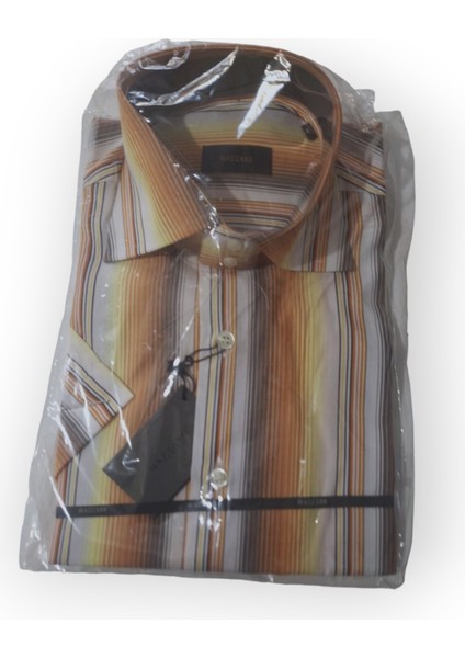 L BEDEN CEPLİ KAHVERENGİ - HARDAL PAMUKLU NORMAL KESİM RENK BLOKLU ÇİZGİLİ KISAKOLLU ERKEK GÖMLEK