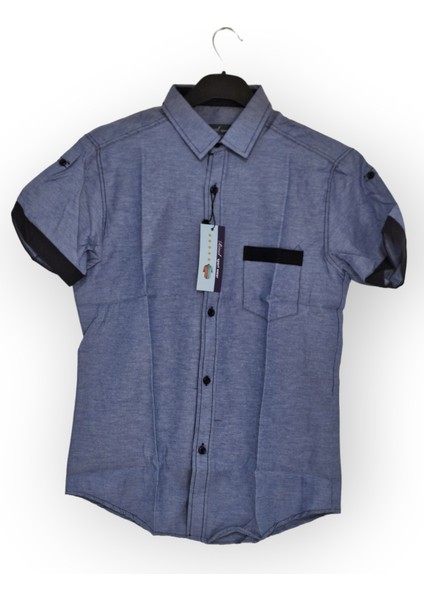 RİVALDİ MAVİ KISA KOLLU S BEDEN DÜZ DESENSİZ LACİVERT BİYELİ SLİM FİT ERKEK GÖMLEK