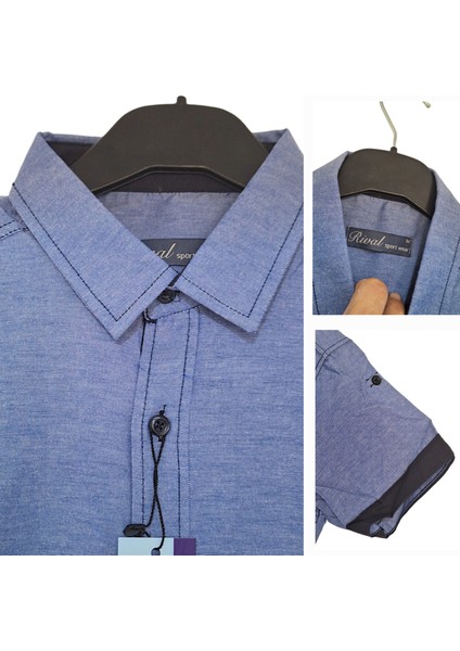RİVALDİ MAVİ KISA KOLLU S BEDEN DÜZ DESENSİZ LACİVERT BİYELİ SLİM FİT ERKEK GÖMLEK modelleri