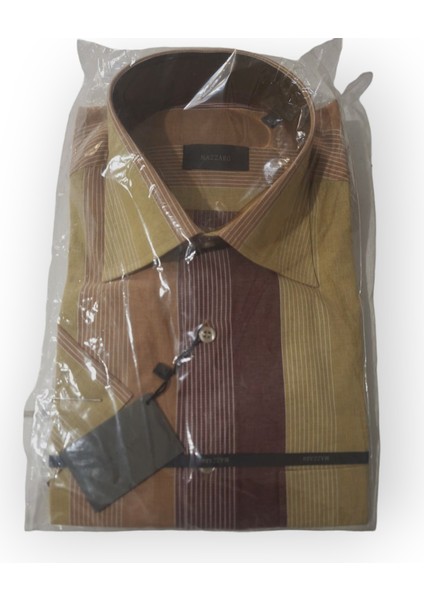 L BEDEN CEPLİ KAHVERENGİ - HARDAL PAMUKLU NORMAL KESİM RENK BLOKLU ÇİZGİLİ KISAKOLLU ERKEK GÖMLEK