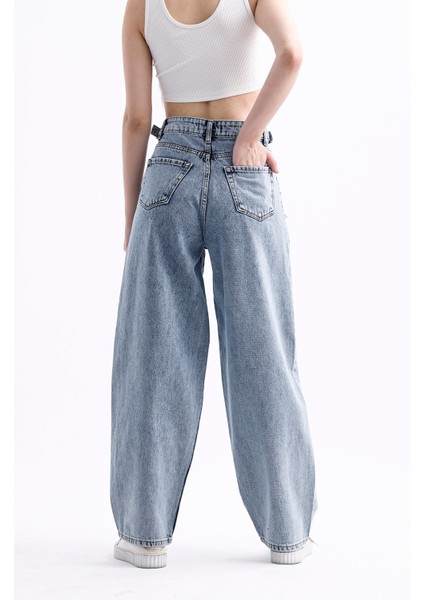 Pass&pass 2430 Kadın Yandan Tokalı Baggy Jeans Kot Denim Pantolon