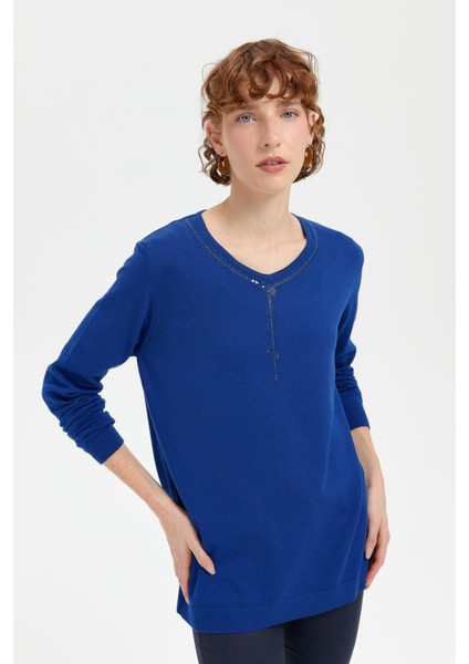 Kadın V Yaka Taşlı Kolye Desenli Ligra Bluz K.s.mavi fiyatları