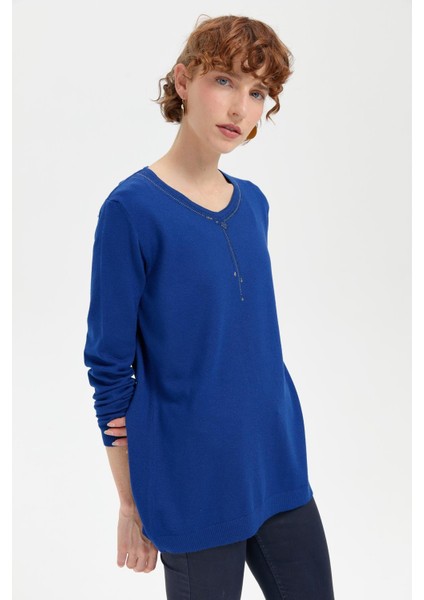 Kadın V Yaka Taşlı Kolye Desenli Ligra Bluz K.s.mavi indirimleri