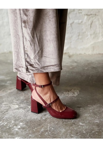 Lady Bordo Rugan 7 cm Kalın Topuklu Mary Jane Küt Kare Burun Arkası Açık Rahat Ayakkabı