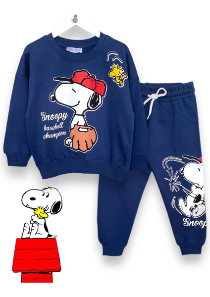 Erkek Çocuk Lacivert Renkli Snoopy Baskılı Uzun Kollu Şardonlu Sweatshirt / Eşofman Takımı