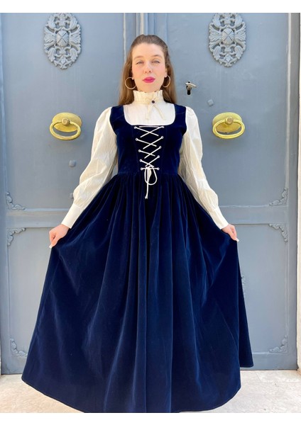 Retro Lacivert Velvet Elbise