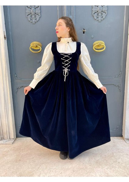Retro Lacivert Velvet Elbise